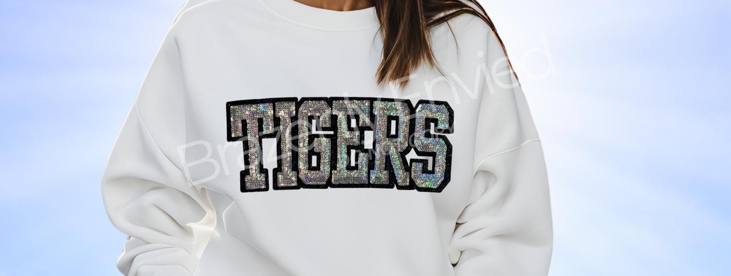 Tigers Patch| Iron On Patch |Sequins Tigers Patch |Great Game Day Patch| Mascot Patch | Great Sports Patch-Silver/Black
