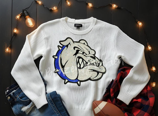 Bulldog Patch | Iron-On Applique | Sequins with Blue Collar