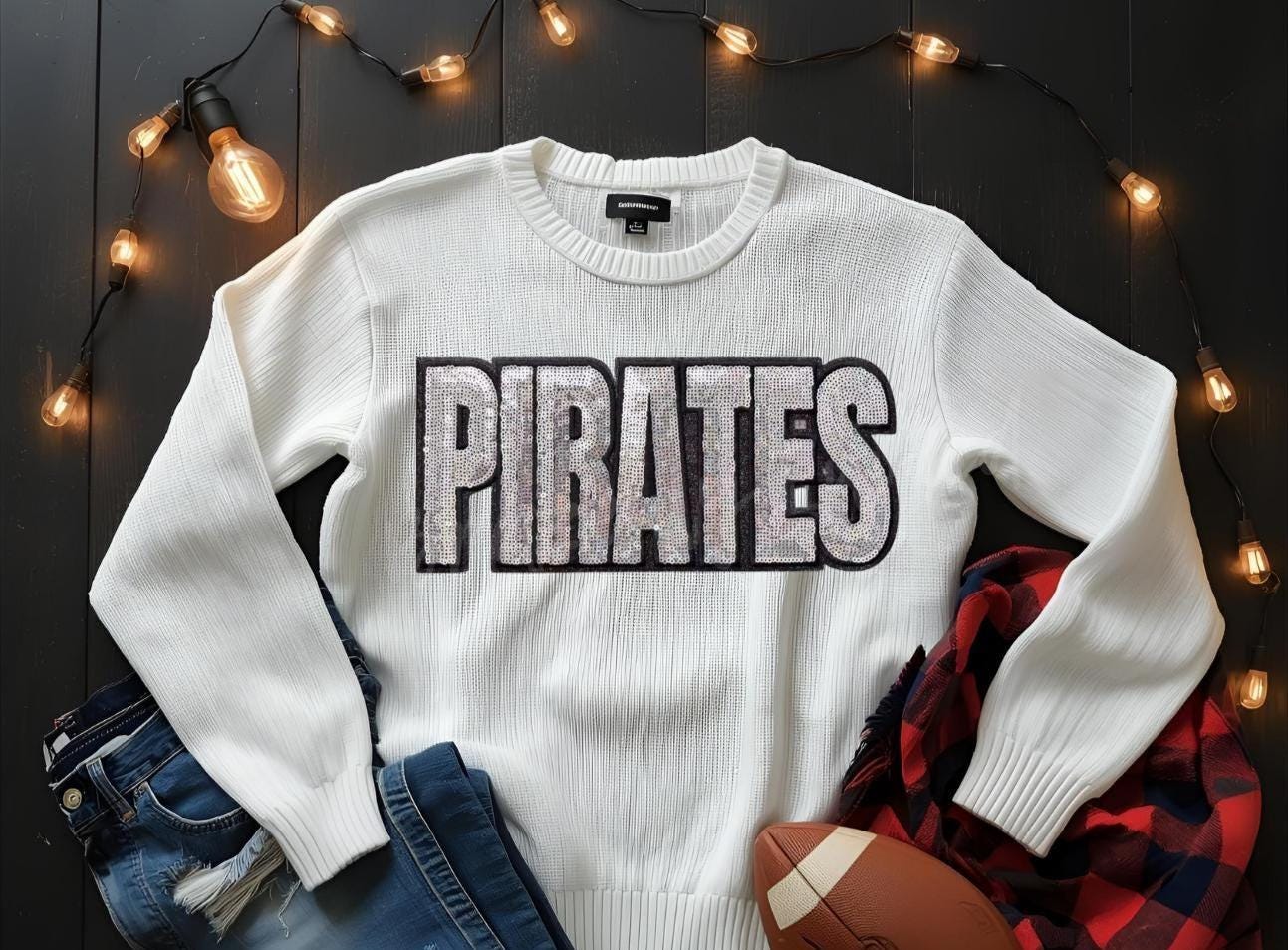 PIRATES Patch Silver Sequins with Black Glitter Backing Iron On