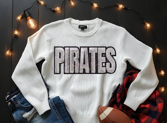 PIRATES Patch Silver Sequins with Black Glitter Backing Iron On