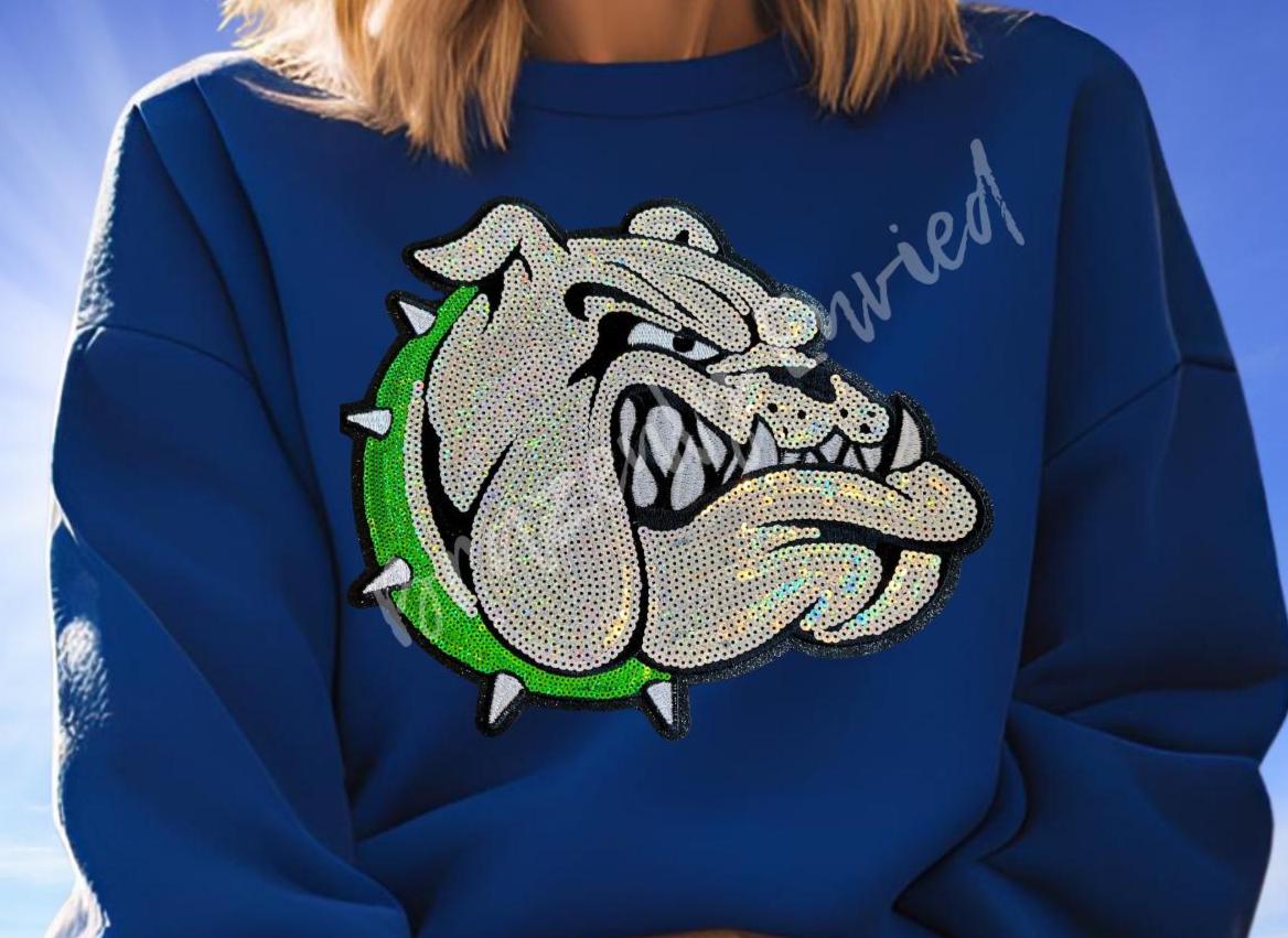 Sequin Bulldog Patch: Iron-On Applique - Green Collar