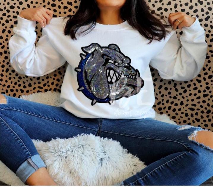 Bulldog Patch | Iron-On Applique | Sequins with Blue Collar