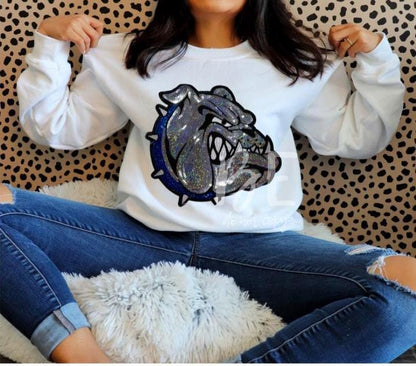 Bulldog Patch | Iron-On Applique | Sequins with Blue Collar