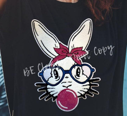 Easter Patch Easter Chenille/Sequins Smart Blue Glasses Bubble gum Blowing Bunny  Great for Easter Shirt