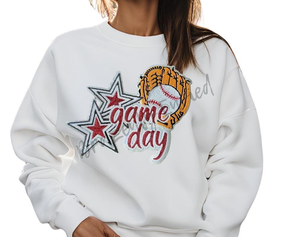 Softball Patch Game Day Sequins Patch Red with Embroidered Glove