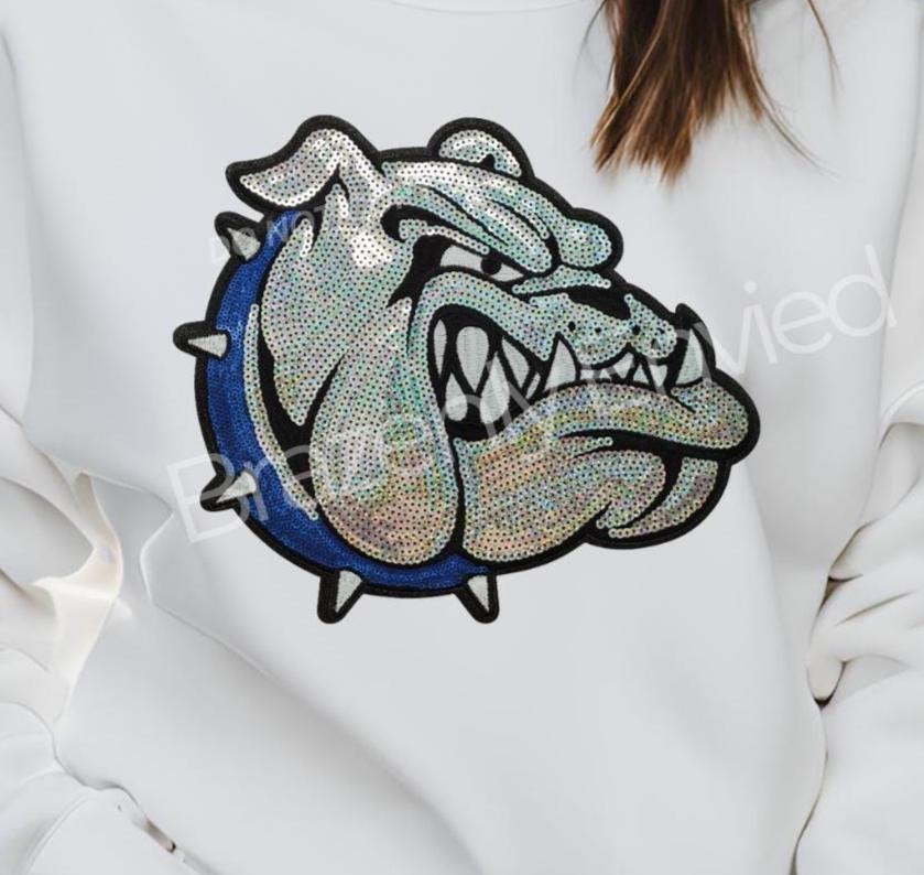 Bulldog Patch | Iron-On Applique | Sequins with Blue Collar