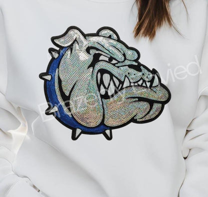 Bulldog Patch | Iron-On Applique | Sequins with Blue Collar