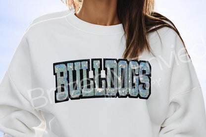 Bulldogs Patch Silver Sequins with Black glitter backing DIY IRON On Sequin Applique Trendy Patch