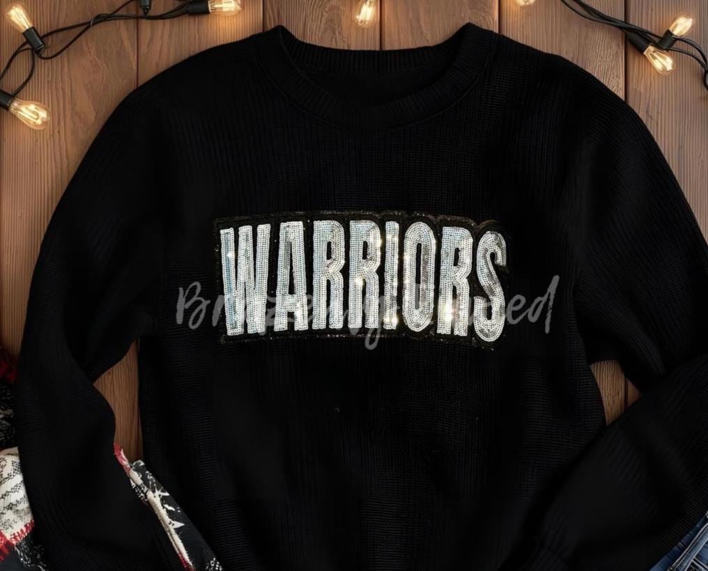 Warriors  Patch | Silver Sequins with Black Glitter Backing (@11.25"W x 5.75"H )