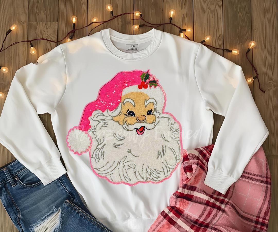 Santa Patch | Pink Sequins Hat with Chenille Santa Face Christmas  Patch