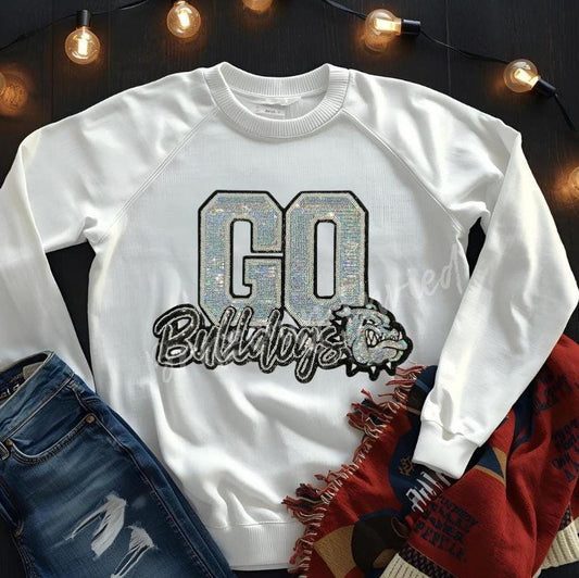 Go Bulldogs Patch: Silver & Black Sequins, Glitter Iron On Applique