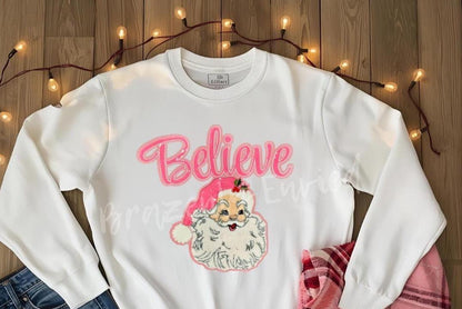 Santa Patch | Pink Believe with Sequins Hat and Chenille Santa Face Patch| Iron On Patch | Christmas  Patch | Christmas Sequins Patch