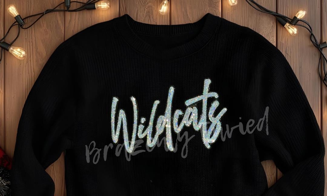 WILDCATS Patch| Silver script Sequins with Black Glitter Backing