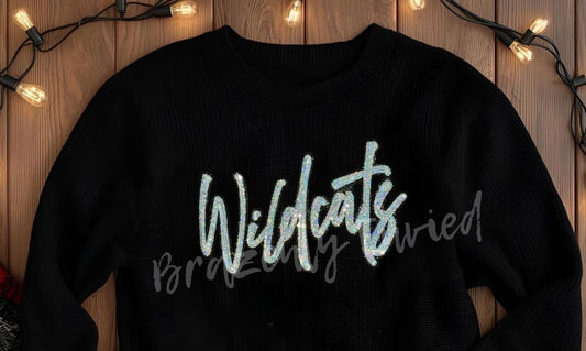 WILDCATS Patch| Silver script Sequins with Black Glitter Backing