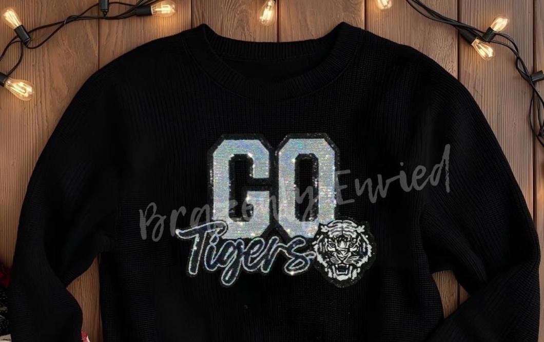 Tigers Patch -Go Tigers Patch SILVER and Black Sequins with Black Glitter Backing Patch Trendy  Mascot Patch Iron On Ready