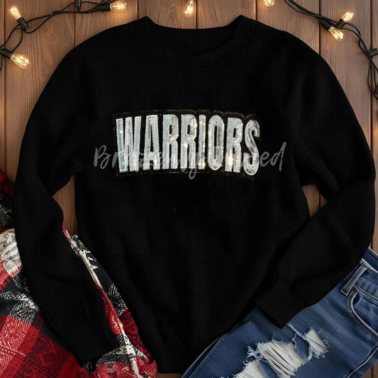 Warriors  Patch | Silver Sequins with Black Glitter Backing (@11.25"W x 5.75"H )