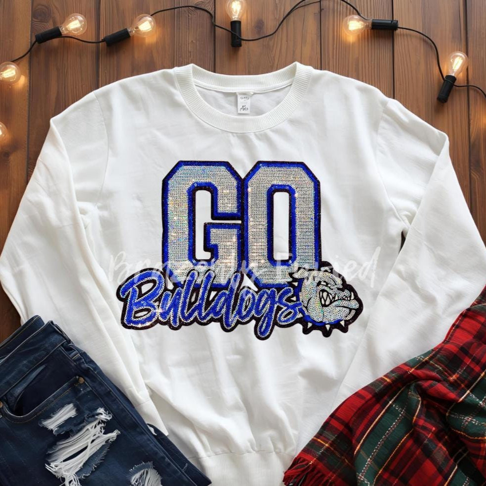 Bulldog Patch-Go Bulldogs SILVER and Royal Blue Sequins Iron On