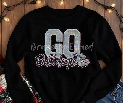 Bulldogs Patch-Go Bulldogs Patch SILVER and Black Sequins with Black Glitter Backing Patch Trendy  Mascot Patch Iron On Ready