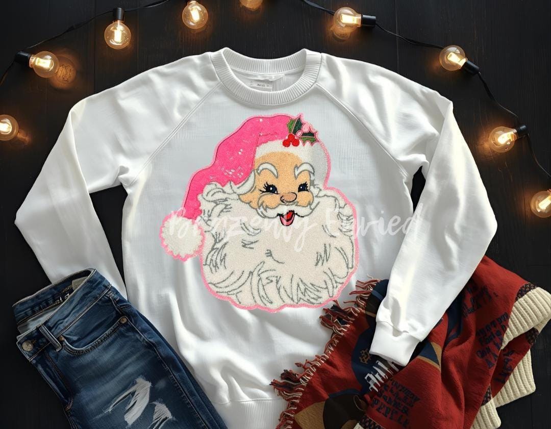 Santa Patch | Pink Sequins Hat with Chenille Santa Face Christmas  Patch