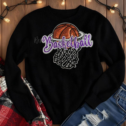 Basketball Patch Purple Script Sequin and Chenille Sports Iron On Applique