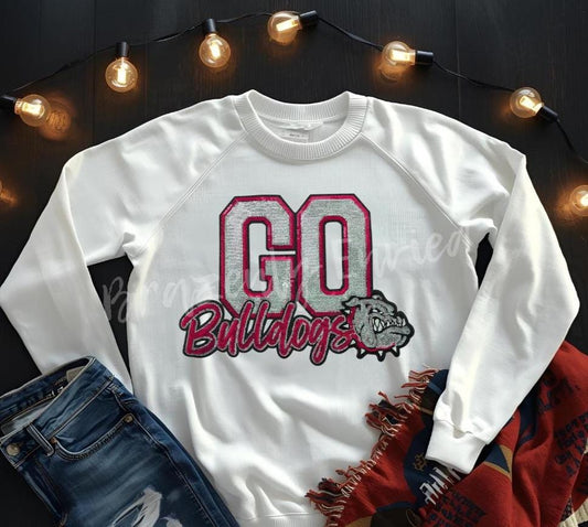 Bulldog Patch-Go Bulldogs SILVER and Red Sequins with Black Glitter Backing Iron On Applique