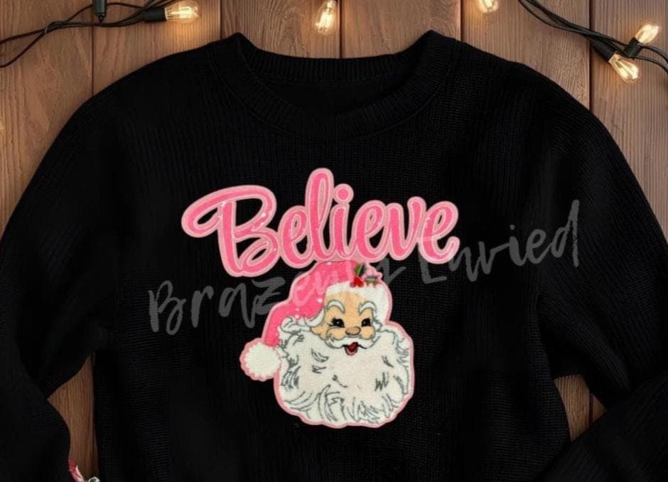 Santa Patch | Pink Believe with Sequins Hat and Chenille Santa Face Patch| Iron On Patch | Christmas  Patch | Christmas Sequins Patch