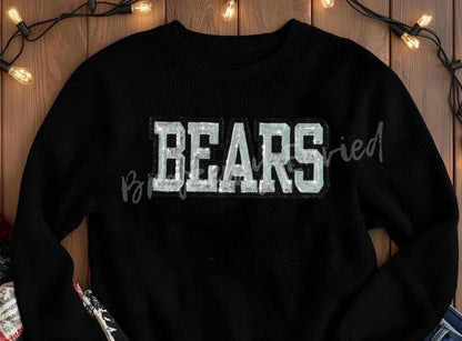 Bears Patch | Sequins Patch |Silver Sequins Block Letters with Black Glitter Backing