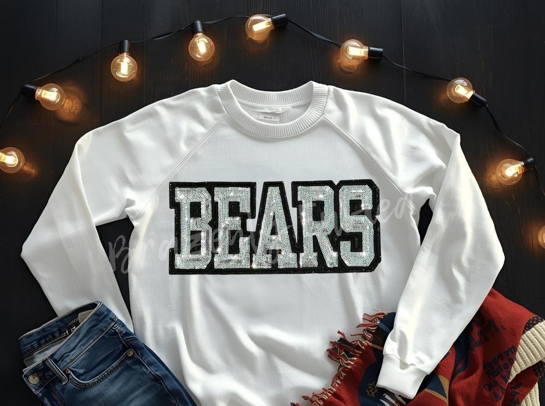 Bears Patch | Sequins Patch |Silver Sequins Block Letters with Black Glitter Backing