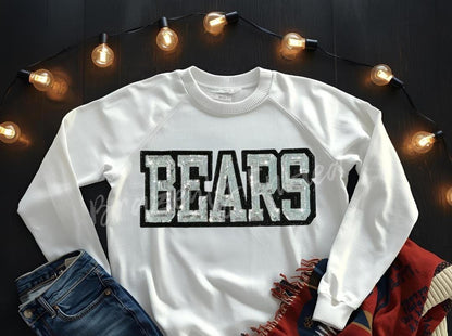 Bears Patch | Sequins Patch |Silver Sequins Block Letters with Black Glitter Backing