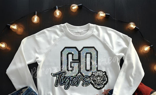 Tigers Patch -Go Tigers Patch SILVER and Black Sequins with Black Glitter Backing Patch Trendy  Mascot Patch Iron On Ready