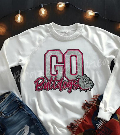 Bulldog Patch-Go Bulldogs SILVER and Red Sequins with Black Glitter Backing Iron On Applique