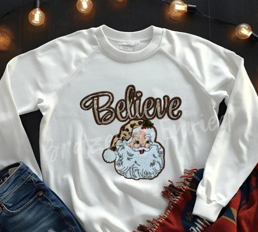 Santa Patch | Sequins Believe with Leopard Hat and Chenille Santa Face Patch