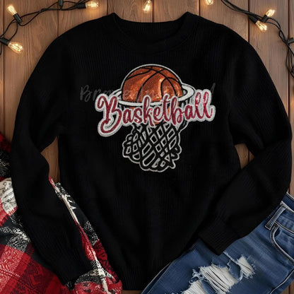 Basketball Patch Red Basketball Sequins Script /Chenille Hoop Iron On