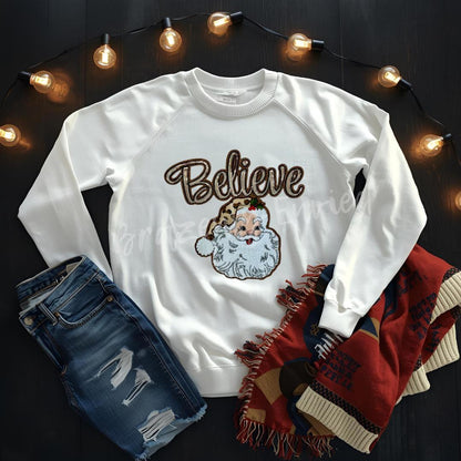 Santa Patch | Sequins Believe with Leopard Hat and Chenille Santa Face Patch