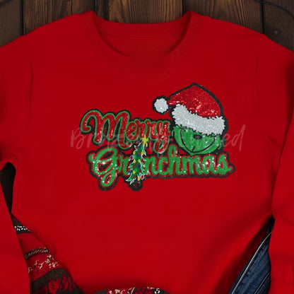 GRINCHY Patch  Red and Green Sequins with Black Glitter Backing