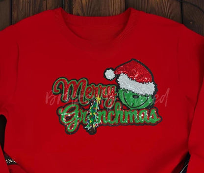 GRINCHY Patch  Red and Green Sequins with Black Glitter Backing