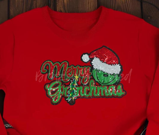 GRINCHY Patch  Red and Green Sequins with Black Glitter Backing