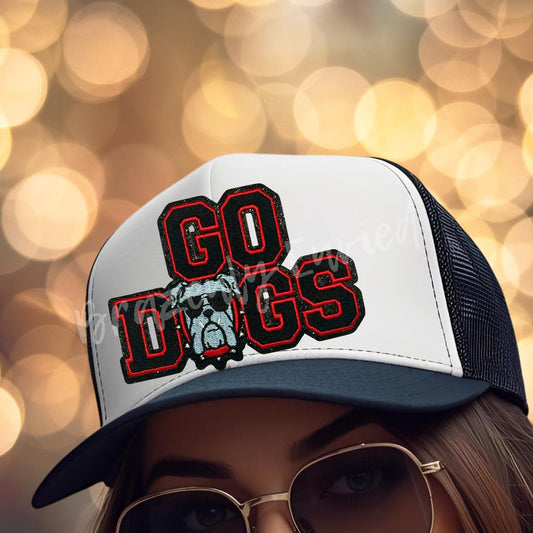 Bulldogs Patch: GO Dogs,  RED and Black Iron On Applique Go Dogs  (4.5" Wide)