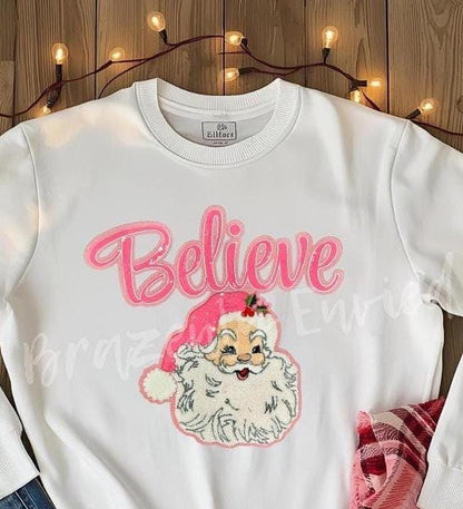 Santa Patch | Pink Believe with Sequins Hat and Chenille Santa Face Patch| Iron On Patch | Christmas  Patch | Christmas Sequins Patch