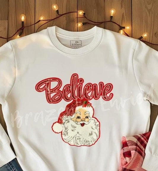 Santa Patch | Red Believe with Sequins Hat and Chenille Santa Face Patch| Iron On Patch | Christmas  Patch | Christmas Sequins Patch