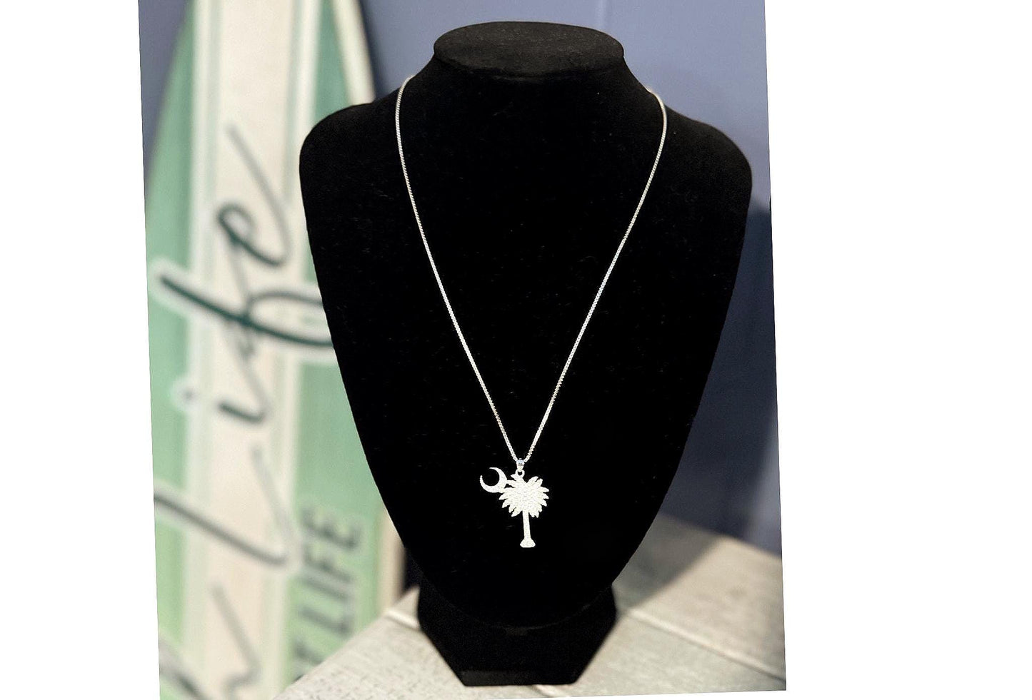 Palm Tree Moon Pendant - 18" Box Chain Sterling Silver