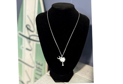 Palm Tree Moon Pendant - 18" Box Chain Sterling Silver