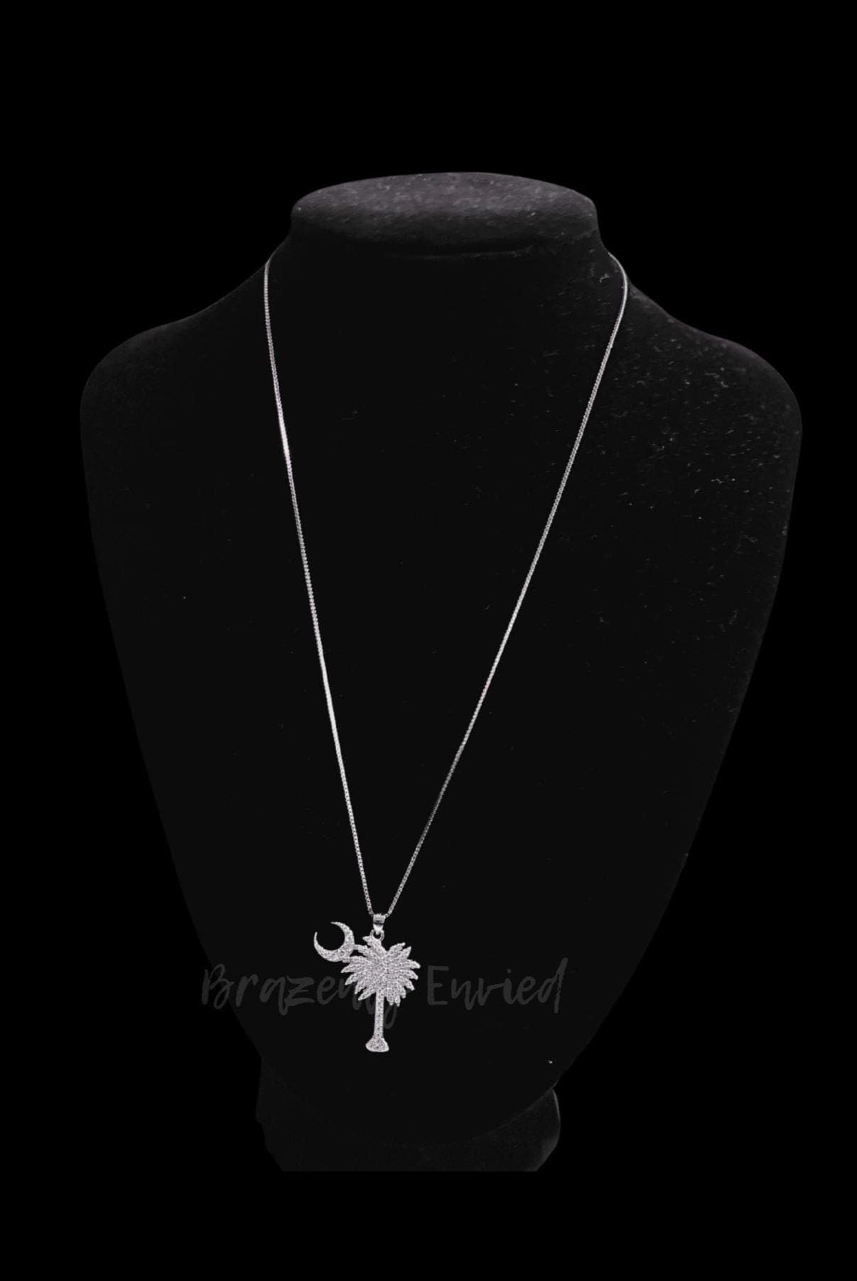 Palm Tree Moon Pendant - 18" Box Chain Sterling Silver