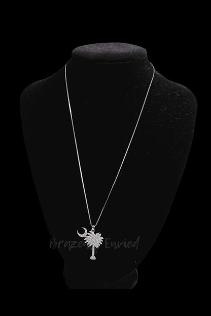 Palm Tree Moon Pendant - 18" Box Chain Sterling Silver