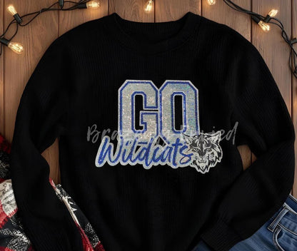 Wildcats Patch GO Wildcats SILVER Royal Blue Sequins Black Glitter Backing  Iron On