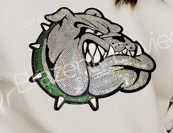 Sequin Bulldog Patch: Iron-On Applique - Green Collar Bulldog Sequin Patch