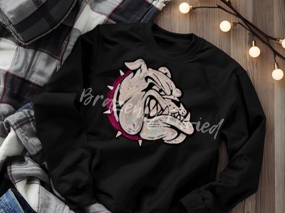 Bulldog Patch | Iron-On Applique | Sequins with Maroon Collar