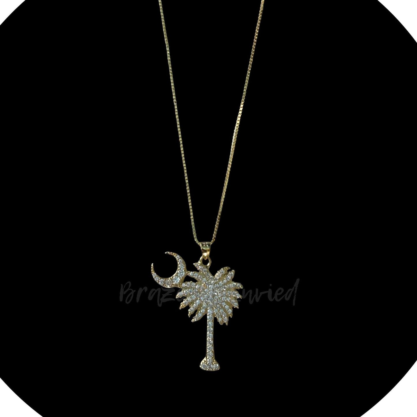 Sterling Silver Necklace with Sterling and Yellow Gold Palmetto Tree & Moon Pendant with  Cubic Zirconia -measures at 1.5" L x 1" W