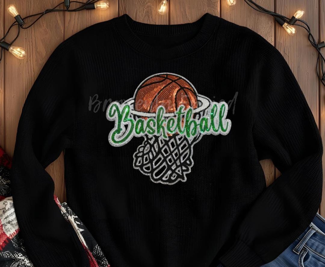 Basketball Patch Green Basketball Sequins Script and Chenille Applique
