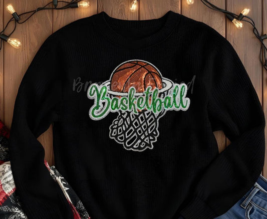 Basketball Patch Green Basketball Sequins Script and Chenille Applique